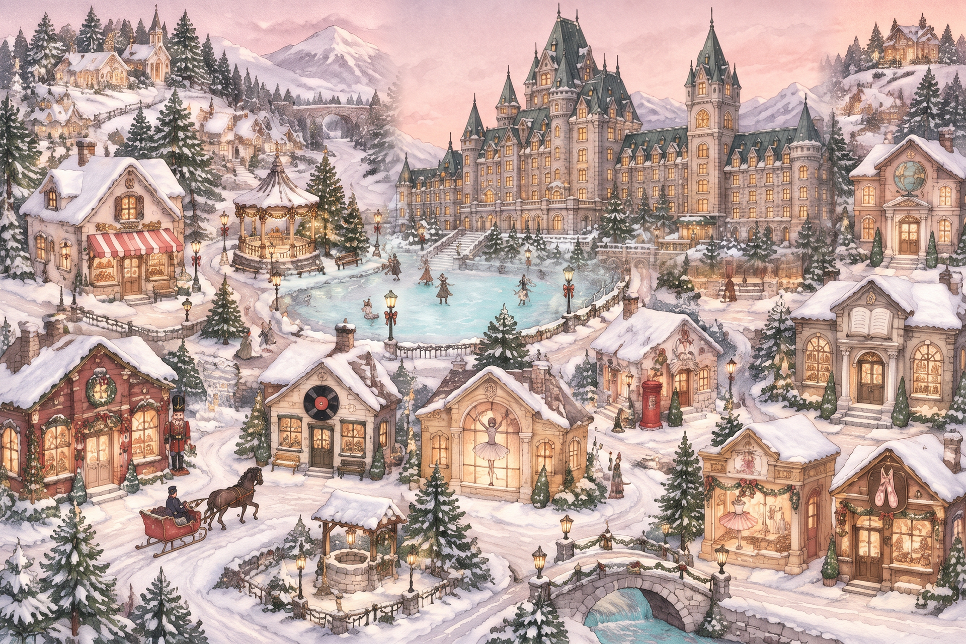 Snowy Sugarplum Village, with its painted shops, skating pond and Nutcracker palace